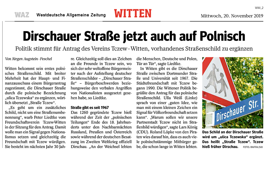 WAZ Witten vom 20.11.2019 Dirschauer Straße jetzt auch auf Polnisch