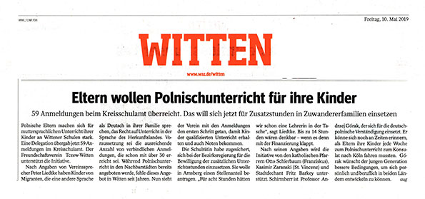 WAZ Witten vom 10.05.2019 – Eltern wollen Polnischunterricht für ihre Kinder