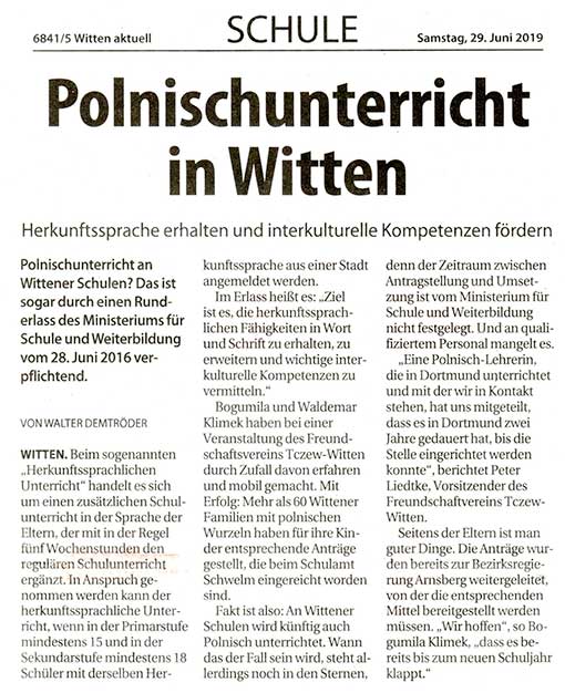 Witten Aktuell. Samstag, 29. Juni 2010: Polnischunterricht in Witten. Herkunftssprache erhalten und interkulturelle Kompetenz fördern